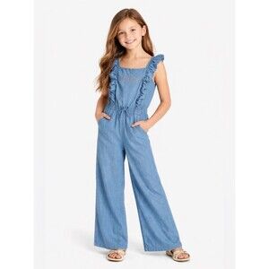 Bebe Girls Embroidered Sparkle Denim Jumpsuit Size Medium 8/10 EUC